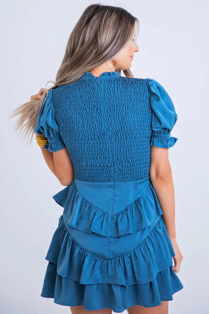 Blue Satin Smock Tier Dress - Eden Lifestyle