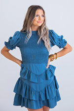 Blue Satin Smock Tier Dress - Eden Lifestyle