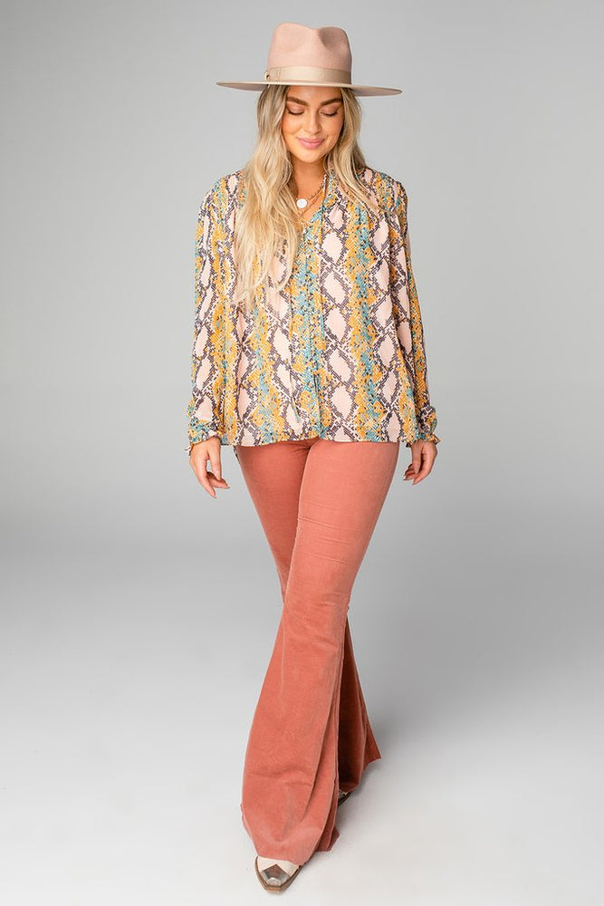 EVERLY LONG SLEEVE BUTTON UP BLOUSE - MACAROON - Eden Lifestyle