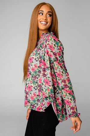 EVERLY LONG SLEEVE BUTTON UP BLOUSE - BLOOMS - Eden Lifestyle