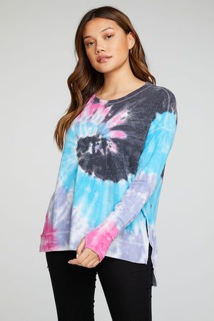 Chaser RPET BLISS KNIT LONG SLEEVE HI LO PULLOVER WITH THUMBHOLES IRIS TIE DYE - Eden Lifestyle