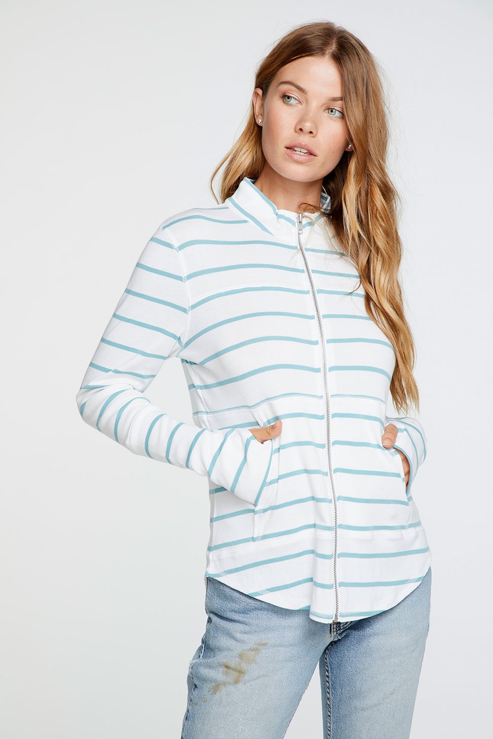 Chaser, Women - Outerwear,  Chaser - Baby Rib Mock Neck Long Sleeve Thumbhole Jacket in Stripe