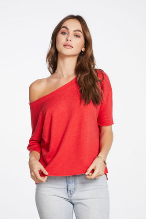 Chaser, Women - Shirts & Tops,  Chaser - Linen French Terry 3/4 Sleeve Drop Shoulder Open Neck Pullover