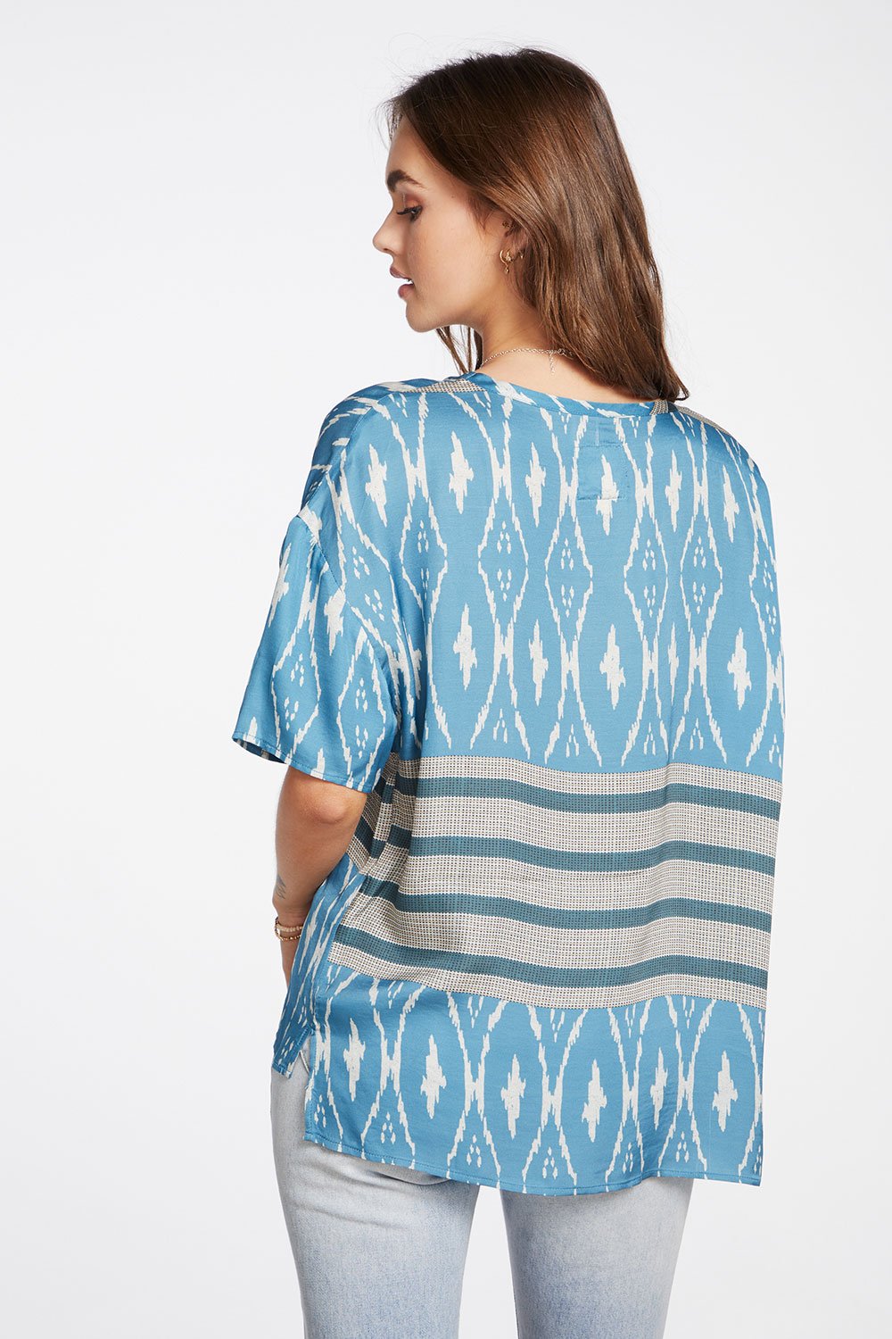 Chaser, Women - Tees,  Chaser - Silky Basics Short Sleeve V-Neck Boxy Hi Lo Tee - Ikat