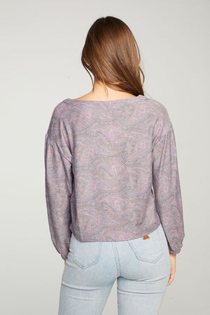 Chaser, Women - Shirts & Tops,  Chaser Cozy Knit Blouson Sleeve Crop Pullover Paisley