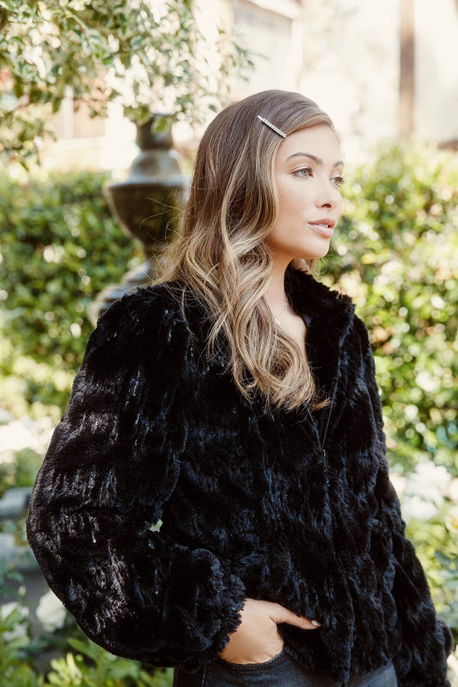 Chaser Sequin Faux Fur Puff Sleeve Zip up Jacket - Eden Lifestyle