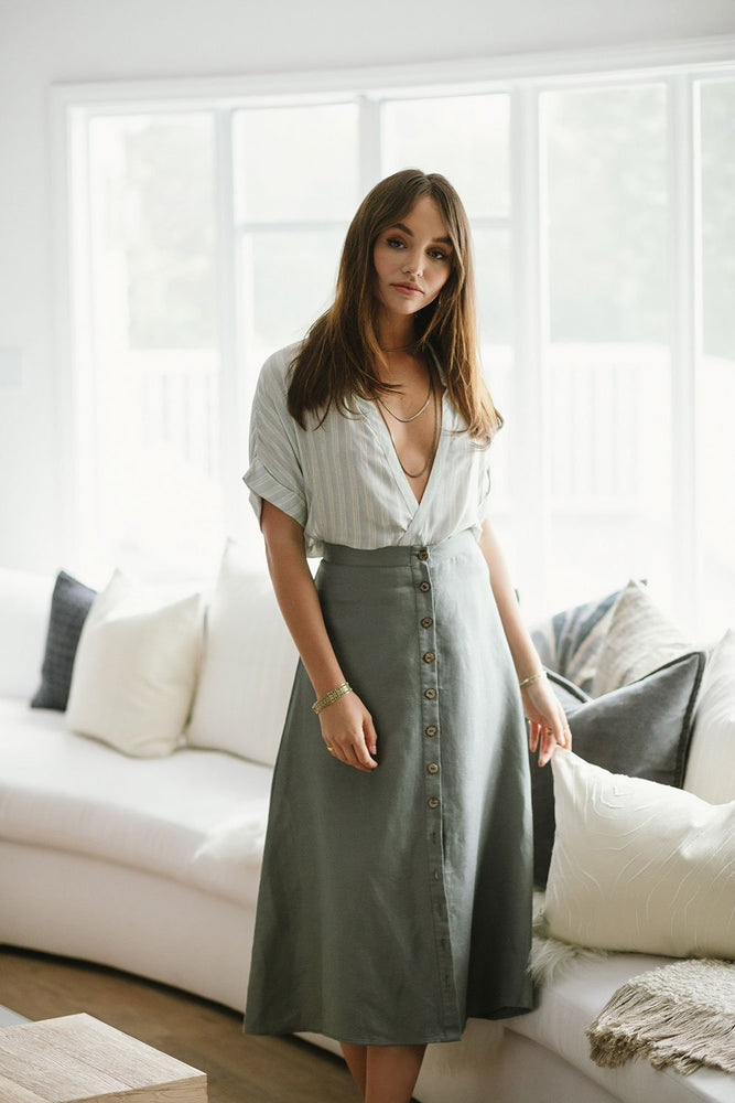 Chaser Linen Button Down A Line Midi Skirt - Scout