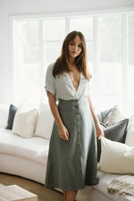 Chaser, Women - Skirts,  Chaser Linen Button Down A Line Midi Skirt - Scout