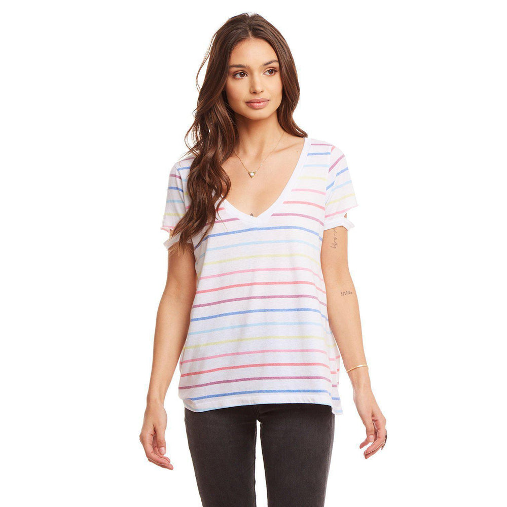 Chaser, Women - Shirts & Tops,  Chaser Vintage Jersey Shirttail Muscle w/ Yoke Rainbow Stripe