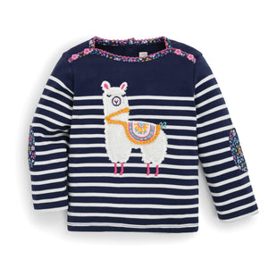 Jojo Maman Bebe, Baby Girl Apparel - Shirts & Tops,  Girls' Navy Striped Llama Breton Top