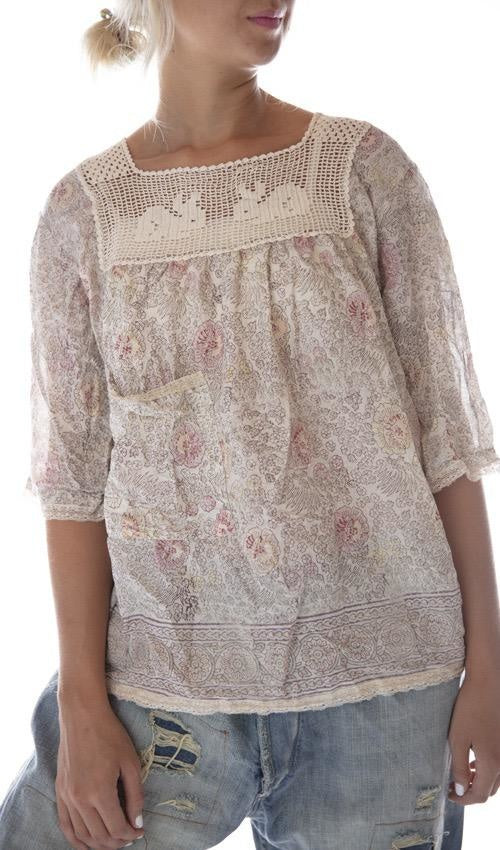 Magnolia Pearl, Magnolia Pearl,  Magnolia Pearl European Cotton Hand Block Print Eula Top with Sunfading, Hand Crochet Rabbit Yoke, Small Front Pocket and Lace Details
