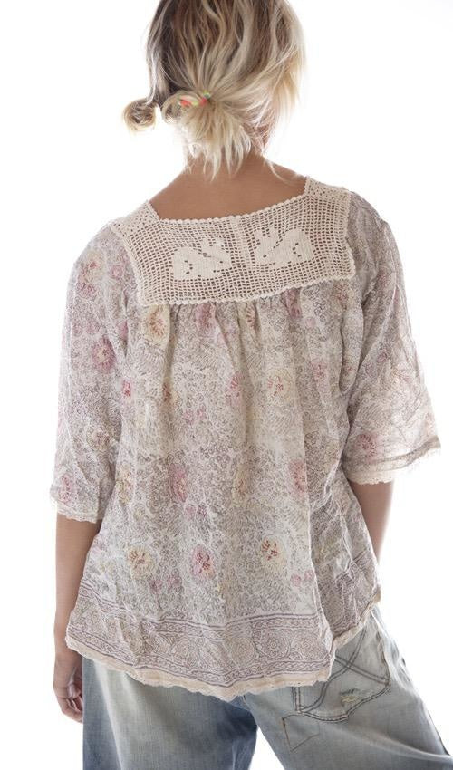 Magnolia Pearl, Magnolia Pearl,  Magnolia Pearl European Cotton Hand Block Print Eula Top with Sunfading, Hand Crochet Rabbit Yoke, Small Front Pocket and Lace Details