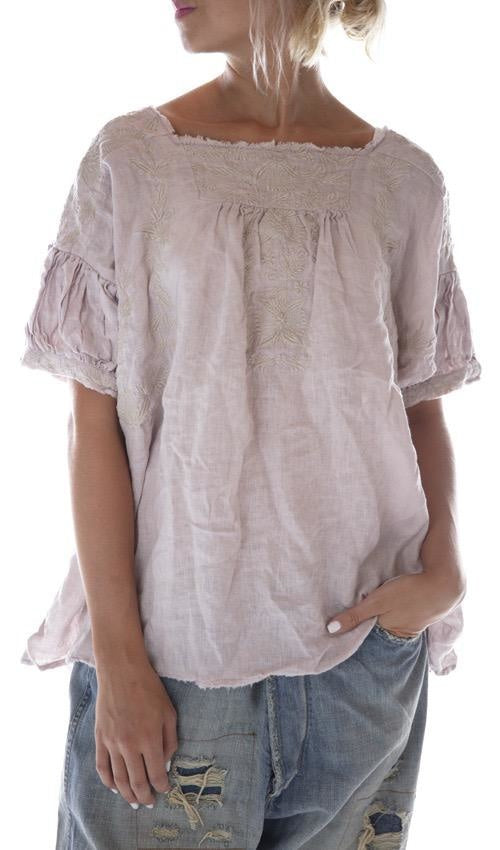 Magnolia Pearl, Magnolia Pearl,  Magnolia Pearl European Linen Embroidered Keldan Blouse with Raw Edges and Gathered Peasant Sleeves Top 711-Lilac Water-One Size