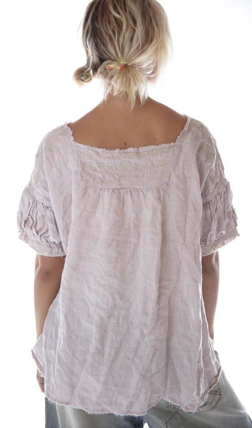Magnolia Pearl, Magnolia Pearl,  Magnolia Pearl European Linen Embroidered Keldan Blouse with Raw Edges and Gathered Peasant Sleeves Top 711-Lilac Water-One Size