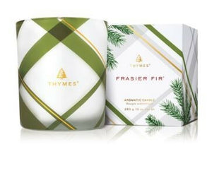 Thymes Frasier Fir Medium Frosted Plaid Candle 10 oz. - Eden Lifestyle