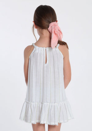 Bella Dahl, Girl - Dresses,  Frayed Ruffle Sundress in White Shimmer Stripe