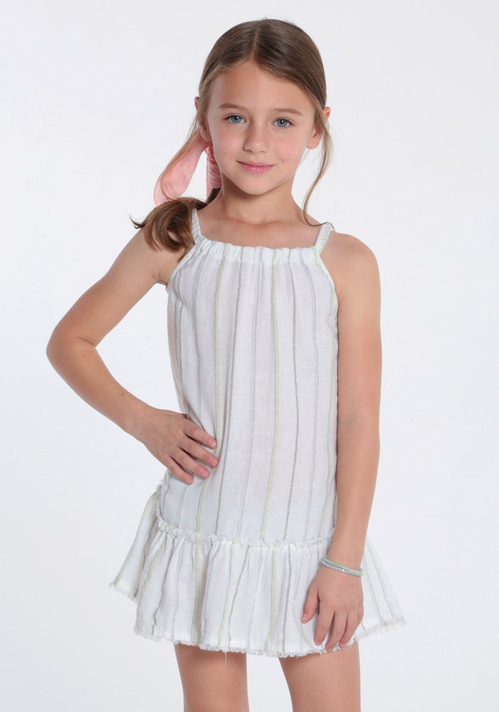 Bella Dahl, Girl - Dresses,  Frayed Ruffle Sundress in White Shimmer Stripe