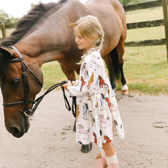 Girls Autumn Dress - Multi Horses - Eden Lifestyle