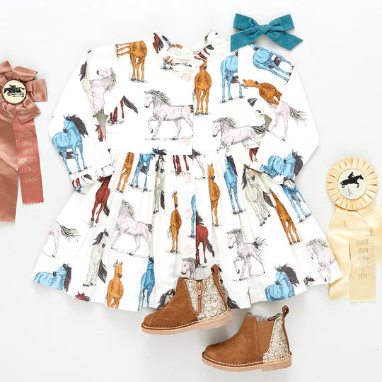 Girls Autumn Dress - Multi Horses - Eden Lifestyle