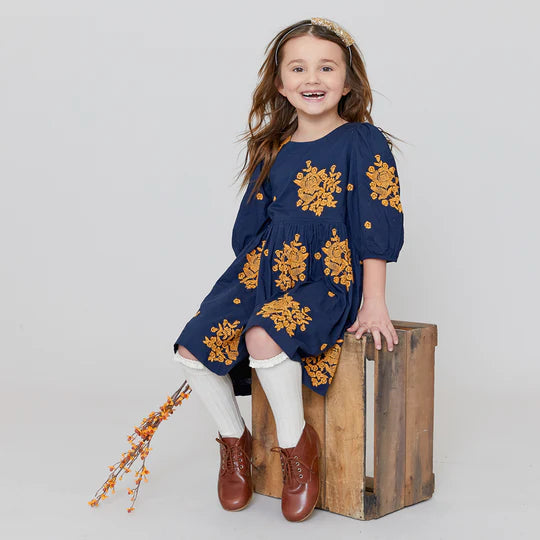 Girls Brooke Dress - Navy Embroidery - Eden Lifestyle