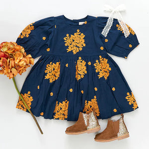 Girls Brooke Dress - Navy Embroidery - Eden Lifestyle