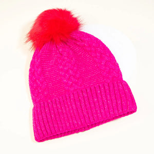 Hot Pink Crochet Knit Pompom Beanie - Eden Lifestyle