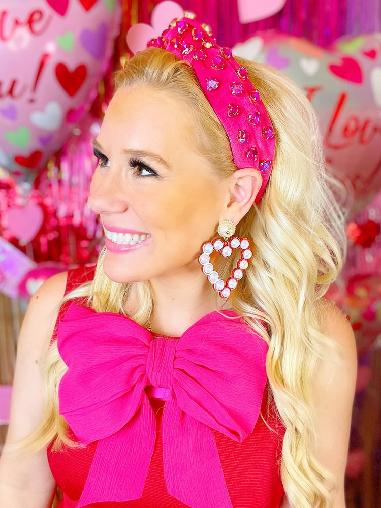 Hot Pink Velvet Headband with Hand-Sewn Hot Pink Crystal Hearts - Eden Lifestyle