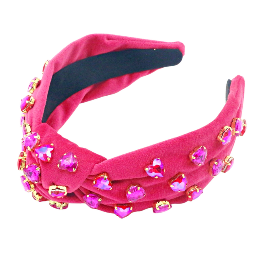 Hot Pink Velvet Headband with Hand-Sewn Hot Pink Crystal Hearts - Eden Lifestyle