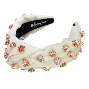 Ivory Velvet Headband with Hand-Sewn Pink Heart Crystals - Eden Lifestyle