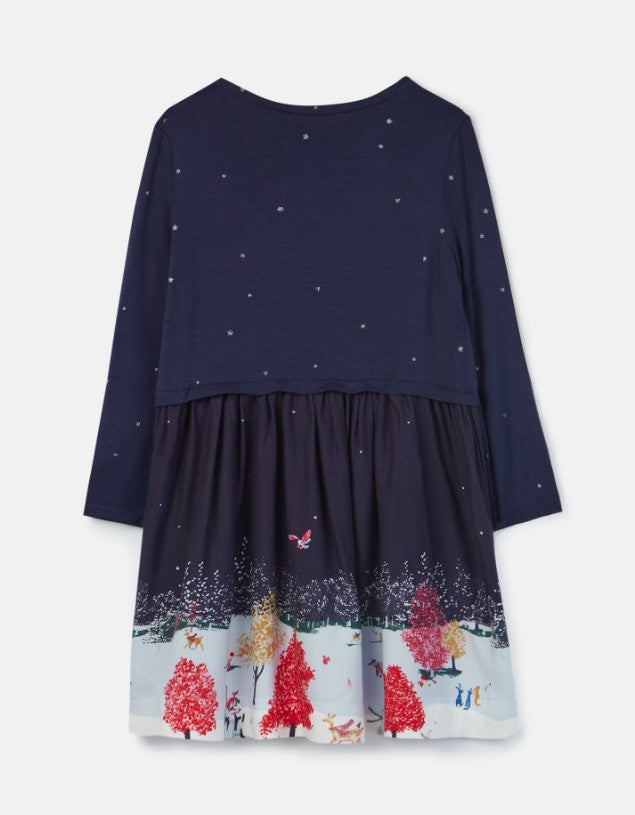 Joules, Girl - Dresses,  Joules Merrie Navy Wildlife Border Woven Mix Boarder Dress