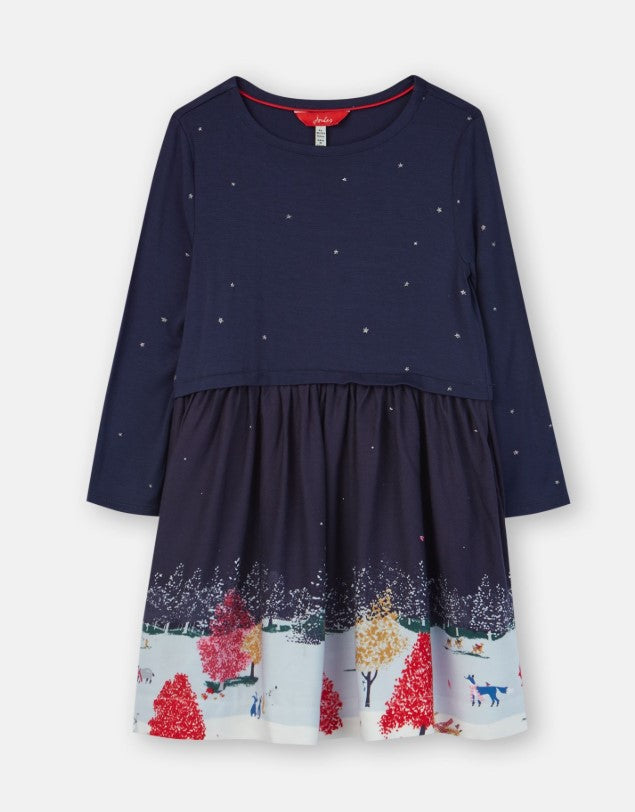 Joules, Girl - Dresses,  Joules Merrie Navy Wildlife Border Woven Mix Boarder Dress