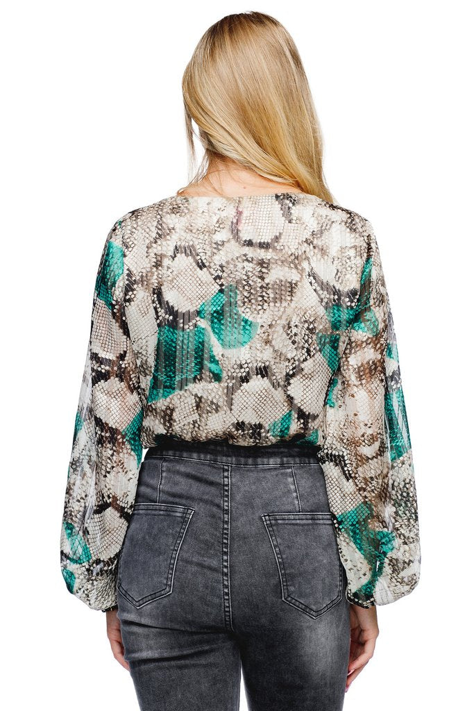 Buddy Love, Women - Shirts & Tops,  Jackie V-Neck Long Sleeved Bodysuit - Snake Eyes