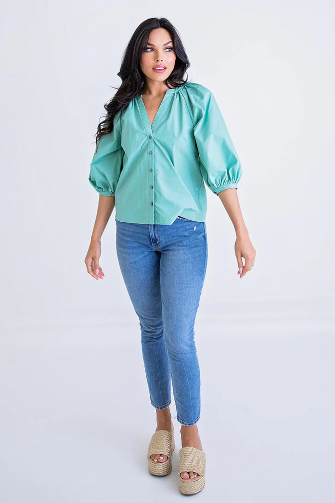 Jade Poplin Button Puff Sleeve Top - Eden Lifestyle