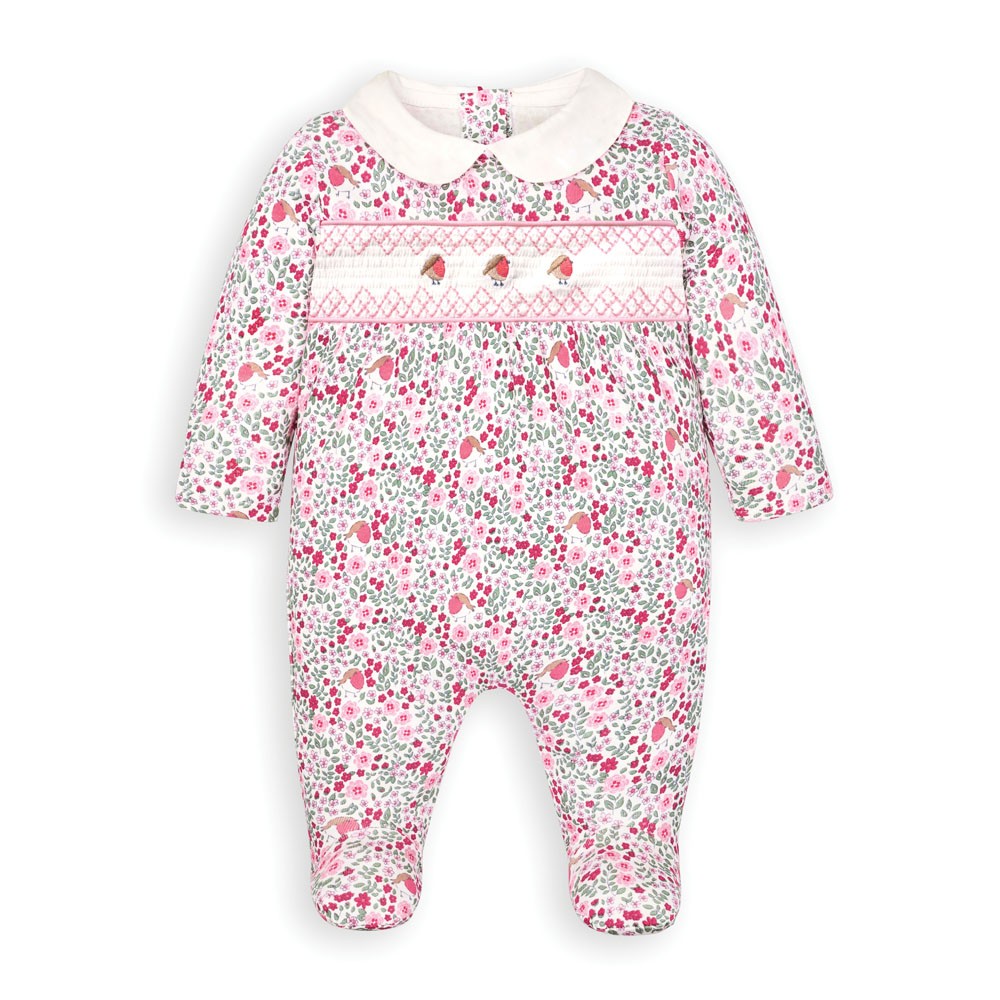 Jojo Maman Bebe, Baby Girl Apparel - One-Pieces,  Jojo Maman Bebe - Pretty Robin Smocked Baby Footie