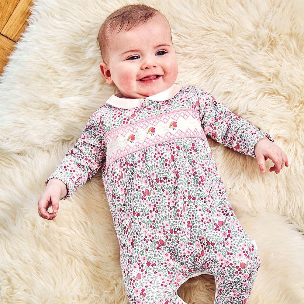 Jojo Maman Bebe, Baby Girl Apparel - One-Pieces,  Jojo Maman Bebe - Pretty Robin Smocked Baby Footie