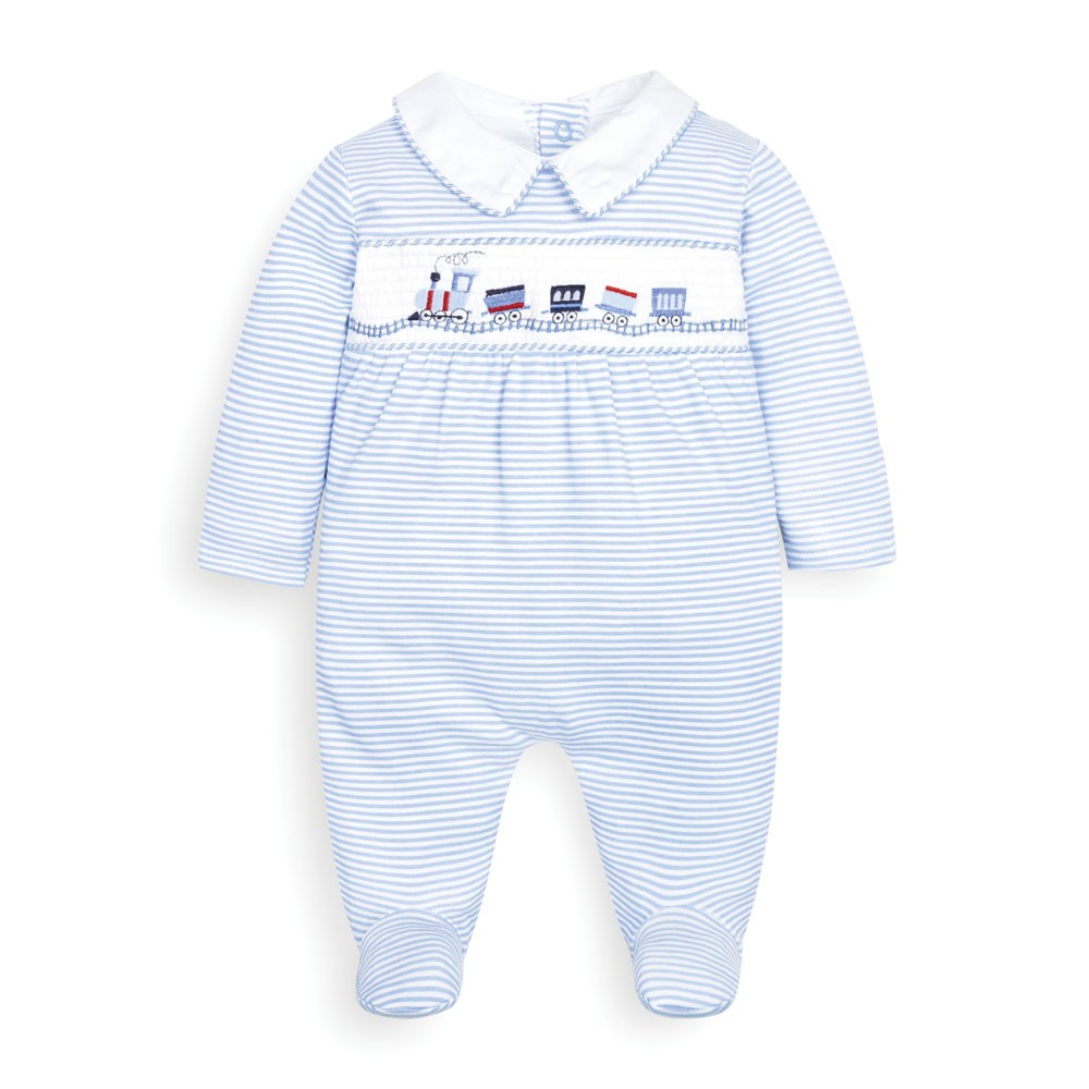 Jojo Maman Bebe, Baby Boy Apparel - One-Pieces,  Jojo Maman Bebe Blue Stripe Train Smocked Baby Footie