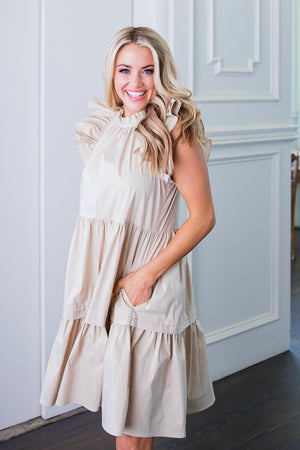 Khaki Poplin Ruffle Tier Dress - Eden Lifestyle