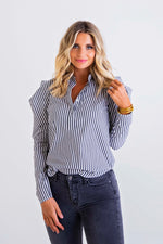 Karlie, Women - Shirts & Tops,  Stripe Poplin Button Puff Sleeve Top