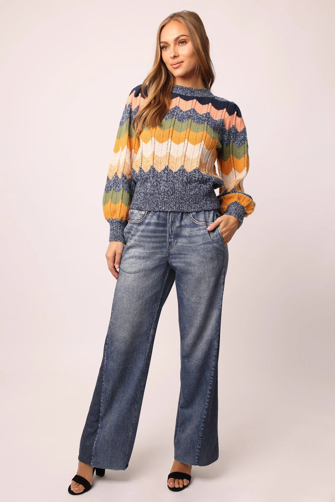 Kiana Long Sleeve Crewneck Sweater Multi Chevron - Eden Lifestyle