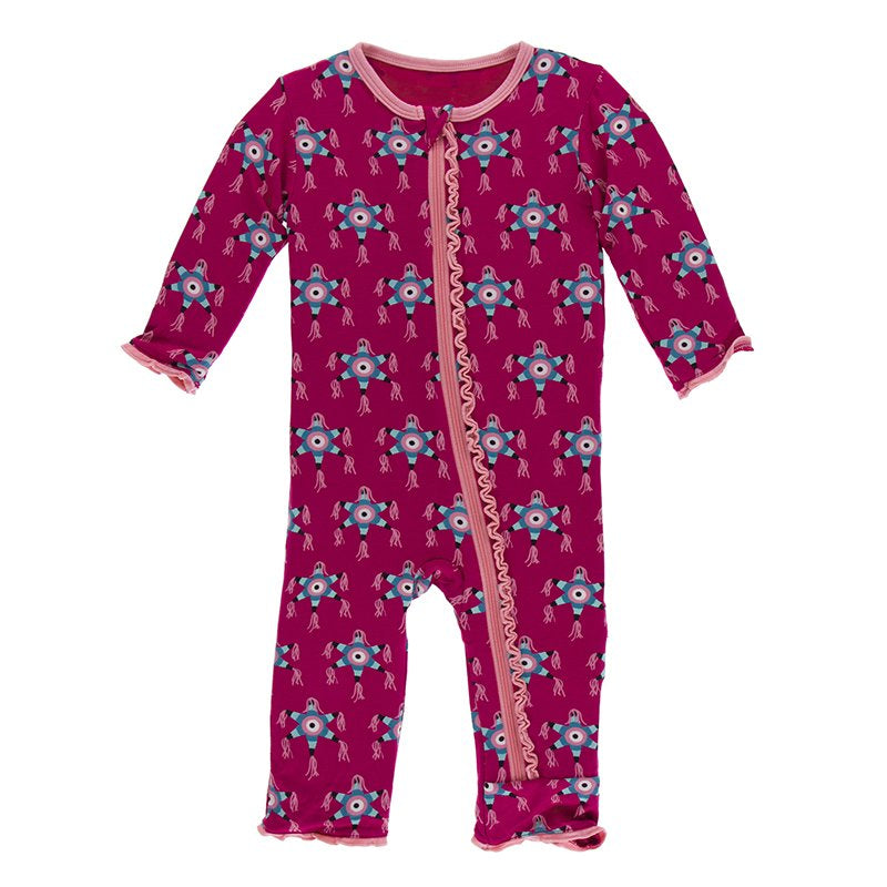 Kickee Space Stripe KicKee Pants Muffin Ruffle Coverall (Snap) - Twilight Coral Fans Kickee Pants Baby Girl