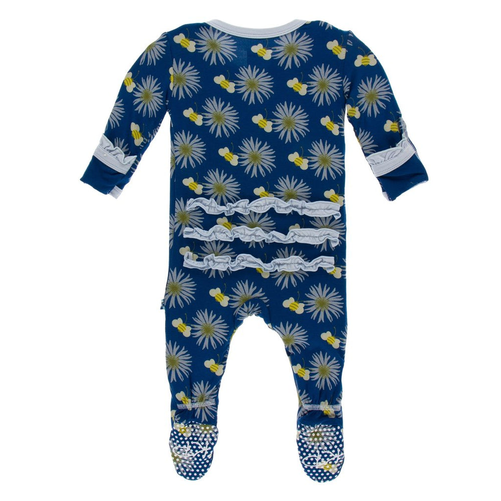 KicKee Pants, Baby Girl Apparel - Pajamas,  KicKee Pants - Muffin Ruffle Footie with Zipper - Navy Cornflower and Bee