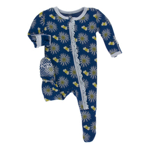 KicKee Pants, Baby Girl Apparel - Pajamas,  KicKee Pants - Muffin Ruffle Footie with Zipper - Navy Cornflower and Bee