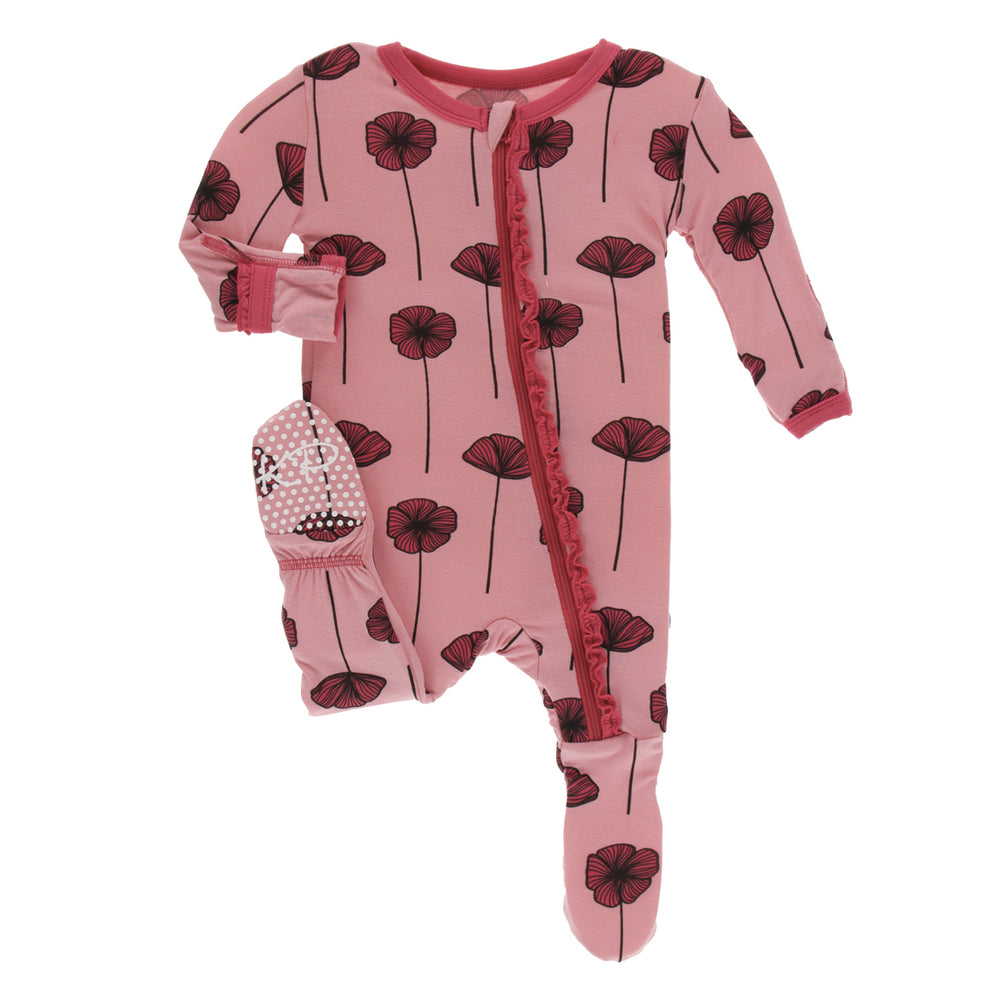 KicKee Pants, Baby Girl Apparel - Pajamas,  KicKee Pants - Muffin Ruffle Footie with Zipper - Strawberry Poppies