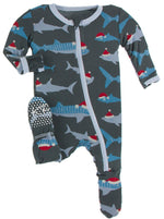 KicKee Pants, Baby Boy Apparel - Pajamas,  Kickee Pants - Print Footie with Zipper - Pewter Santa Sharks
