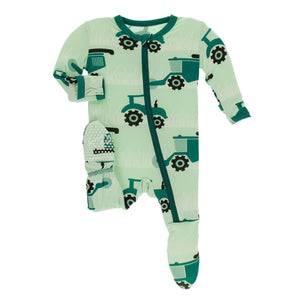 KicKee Pants, Baby Boy Apparel - Pajamas,  Kickee Pants - Print Footie with Zipper - Pistachio Tractors and Wheat