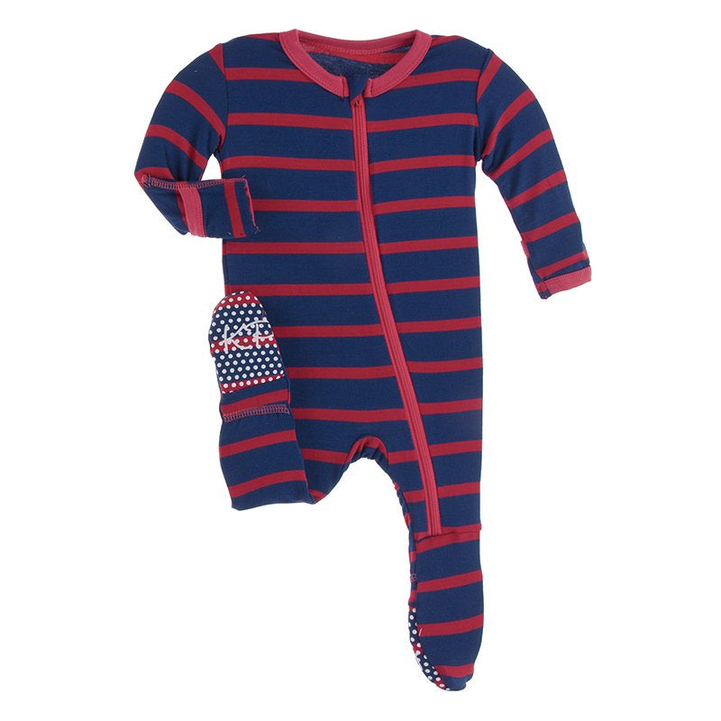 KicKee Pants, Baby Boy Apparel - Pajamas,  Kickee Pants - Print Footie with Zipper in Everyday Heroes Navy Stripe