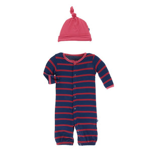 Kickee Pants, Baby Boy Apparel - Pajamas,  Kickee Pants -Print Layette Gown Converter & Knot Hat Set - Everyday Heroes Navy Stripe