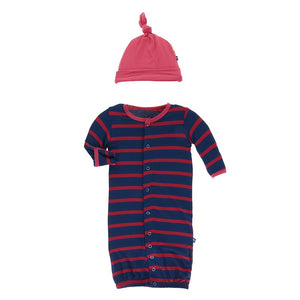 Kickee Pants, Baby Boy Apparel - Pajamas,  Kickee Pants -Print Layette Gown Converter & Knot Hat Set - Everyday Heroes Navy Stripe