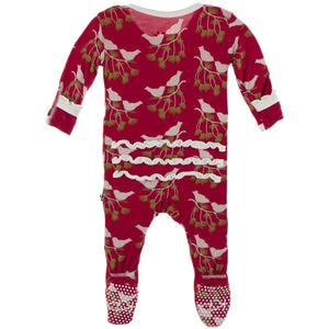 KicKee Pants, Baby Girl Apparel - Pajamas,  Kickee Pants - Print Muffin Ruffle Footie with Zipper - Crimson Kissing Birds