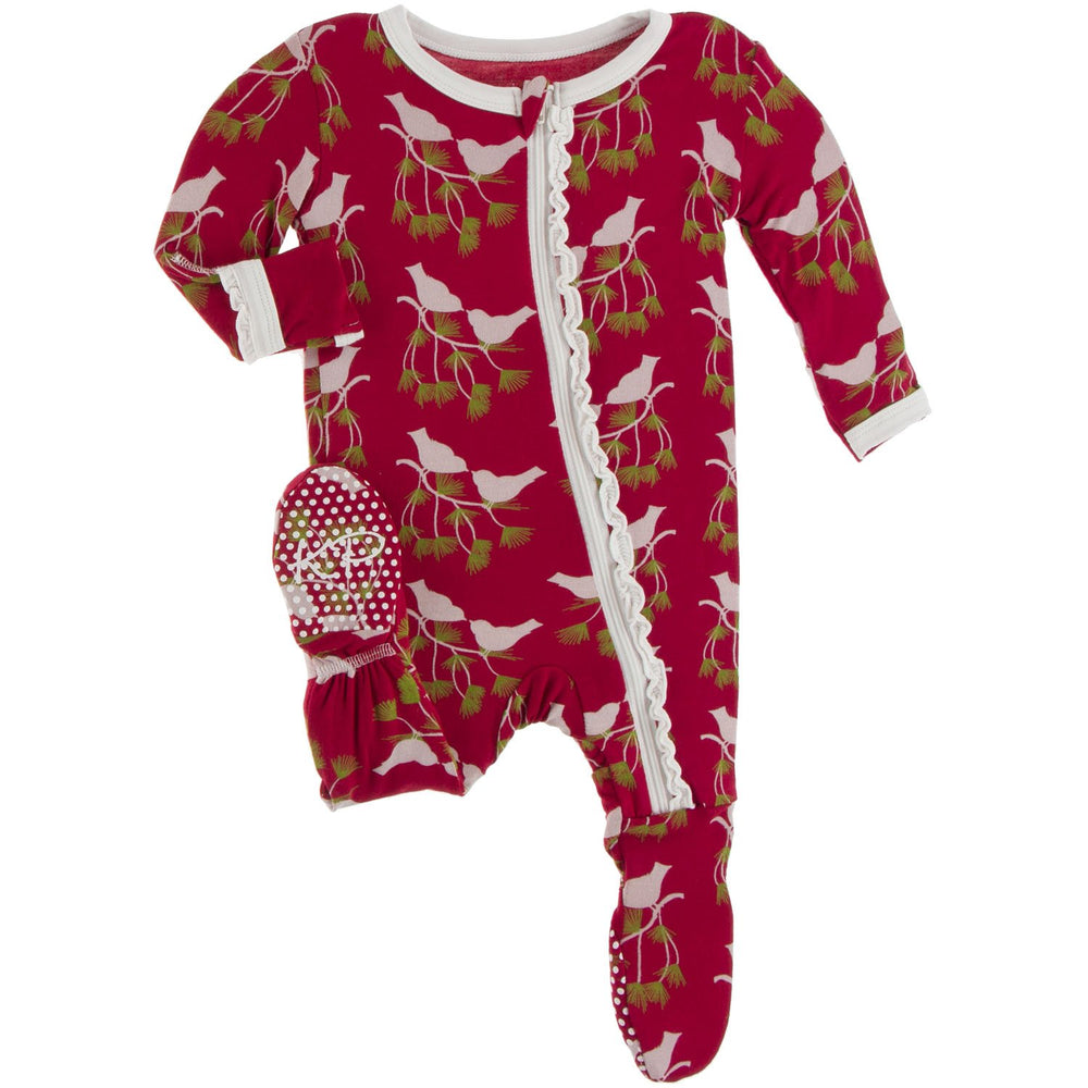 KicKee Pants, Baby Girl Apparel - Pajamas,  Kickee Pants - Print Muffin Ruffle Footie with Zipper - Crimson Kissing Birds